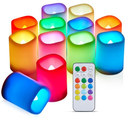 IMAGE Flameless Votive Candles, RGB & White Light LED Candles, Battery Operated, 270 Hours Long Lasting Flickering Tea Lights, Remote Timer for Christmas Halloween Decor, 1.5 x 2 Inch, 12 Pack