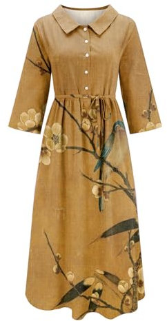 HUOQI Damen Casual Art Blumendruck Knopfleiste Mittellange Ärmel Lockeres Drapiertes Kleid mit großem Saum Kleid Mit Langen Ärmeln Knielang (AD, XXL)