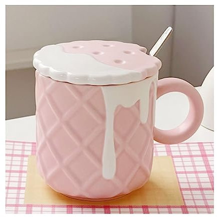 BLMAGS Comodo Tazza da caffè Rotonda in Ceramica Tazza da tè Creativa e Carina con Coperchio e Cucchiaio Home Office Big Tea Cup 带有手柄 420ml/14.2oz Riutilizzabile Moda