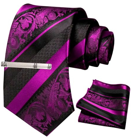 JEMYGINS Herren Krawatten Set mit gemischtem Rosen und Streifenmuster inklusive Krawattenklammer und Taschentuch