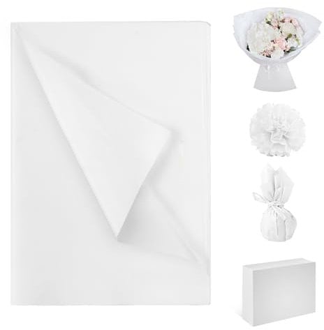 Seidenpapier 70x50 cm, 60 Blatt Bunt Seidenpapier zum Verpacken, 16g/m Transparentpapier Verpackungsmaterial, Tissuepapier Bastelpapier zum Kreieren von Pompoms, Papierblumen, Geschenktüten (Weiß)