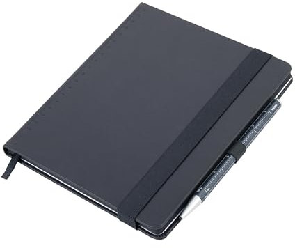 TROIKA Notizblock schwarz DIN A5 BLACK SLIMPAD inkl. Kugelschreiber grau, Elastikband-Verschluss, Punktraster, Stiftschlaufe, Lesezeichen, FSC zert. Papier, eingefärbte Seitenränder, Kunstleder
