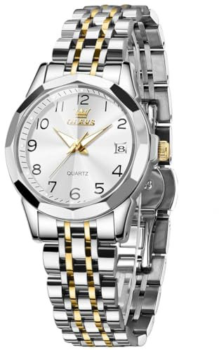 OLEVS Bicolor Damenarmbanduhren Edelstahl Quarz Analog Damenuhren Silber Gold Metallarmband Leuchtend Klein Uhren Damen Arabische Ziffern Wasserdicht Damen Armbanduhr mit Datum Geschenke für Frauen
