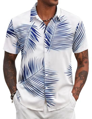 COOFANDY Hawaiian Shirt Men Short Sleeve Holiday Shirt Summer Beach Shirts Floral Tropical Shirts Casual White & Blue Leaf L