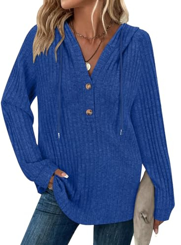 Syphiby Hoodies for Women Ladies Jumpers Long Sleeve Tops V Neck Pullover | Drawstring Button Casual Sweatshirt Spring Autumn Winter Tunic Clothes S-XXL