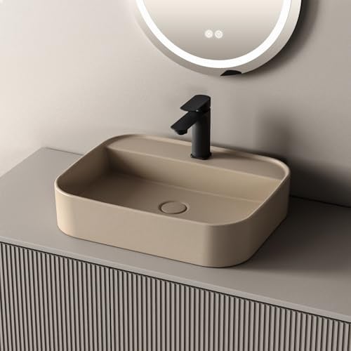 EMKE Waschbecken Bad - Eckig Hängewaschbecken Matt Pale Beige, 50,2 x 40,1 x 11 cm Keramik Waschbecken für Badezimmer & Gäste-WC, Hochwertiges Waschtisch Aufsatzbecken