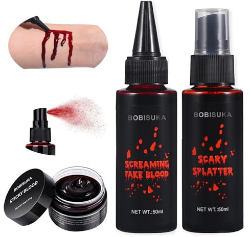 BOBISUKA Halloween Set de Faux Sang: 1 Plasma Coagulé, 1 Spray de Faux Sang, 1 Faux Sang, Réaliste, Lavable, Sûr