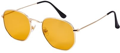 WDZAYXC Mode polygonale Sonnenbrille für Damen und Herren,Leicht Metallrahmen Brille,UV400 Schutz (Gold/Dunkelorange)