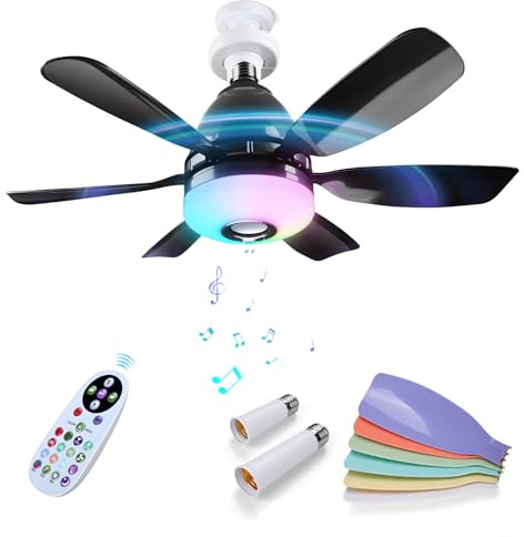 MMOBIEL Socket Fan Light with Remote LED Ceiling Fan Bulb with Bluetooth Speaker, Music Sync, 7 RGB Modes, 3000K–6500K Dimmable, 3 Speeds, 2x6 Blades – E27 Screw Base for Bedroom, Kitchen – Black
