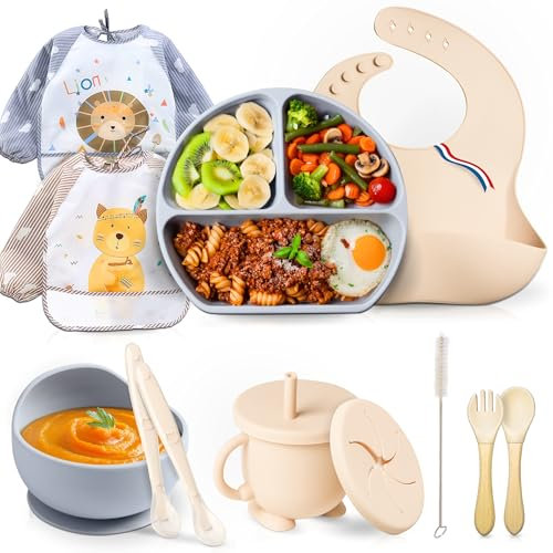 Coffret repas bebe-avec-Assiette ventouse pour bébé-assiette 3 compartiments-cuillere bebe 1er age x2-bol bebe-2 bavoirs bebe + 1 bavoir silicone-Gobelet pour bebe-couvert enfant x2 (Gris/Beige)