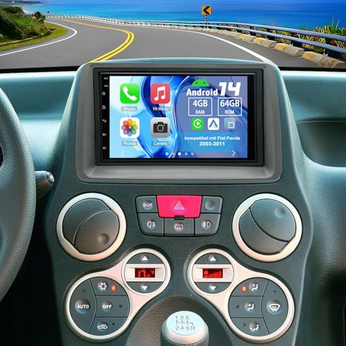 Slakerbe Android 14 Autoradio 2 Din mit Carplay Android Auto kompatibel mit Fiat Panda 2003-2011, 4G+64G 7 Zoll Auto Radio Stereo mit Bluetooth Navi WiFi FM RDS Rückfahrkamera Mic