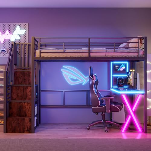 NovaFurnish Hochbett, 90x200, Mit LED-Leuchten, Ablageleiter, Schreibtisch, Kleiderschrank, Regale, ohne Matratze, Schwarz