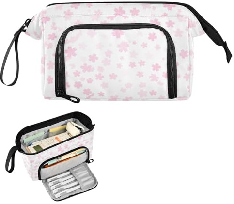 Reiacy Grande trousse à crayons rose en fleurs de cerisier de grande capacité avec poignée, trousse à crayons pour filles, garçons, femmes, idéale pour les voyages, l'école, le bureau