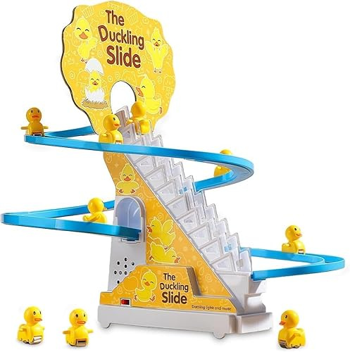 MIFKLMV Duck Climbing Stairs Toy Sound Duck Toy for Kids Slide Roller Coaster Toy Set with Lights and Music Birthday Gift for Boys Girls -9pcs
