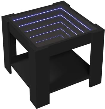 Vorpalize Couchtisch Schwarz 53x53x45 cm, Holzwerkstoff, Infinity Spiegel, mit Beleuchtung, Beistelltisch für Wohnzimmer, Nachttisch