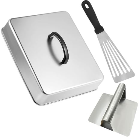 Genérico Tapa para Plancha - Tapa Rectangular para Cocción al Vapor - Cúpula de Acero Inoxidable para Barbacoa con Prensa para Carne y Espátula - para Cocinar al Aire Libre en Barbacoa Cocina