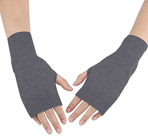 DWE Cashmere Fingerless Gloves,Black Half Fingerless Thumb Hole Warm Gloves (Dark Gray)(Size: One Size)