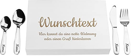 LAUBLUST Kinderbesteck mit Namensgravur - Wunschtext Gravur & Geschenkbox weiß | Besteck mit Namen - Geschenk zur Taufe für Kinder - Taufgeschenke für Jungen & Mädchen | Personalisierte Erinnerungsbox