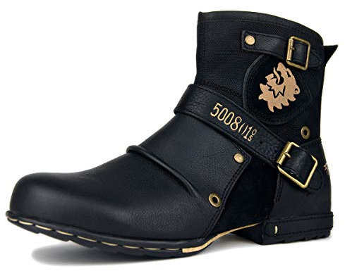 Herren Stiefel aus Leder Rindsleder mit Gummisohle Biker Motorrad Boots mit Reißverschluss Retro CD-5008-1-N, Schwarz US11(EU44.5)