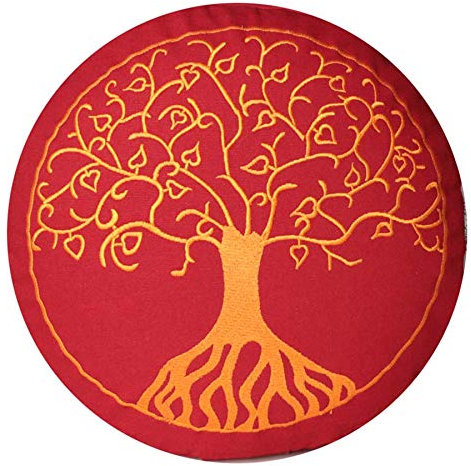 Yogakissen Meditationskissen mit Stickerei Baum des Lebens 33x25cm mit Dinkelspelz gefüllt - Bezug und Inlett 100% Baumwolle (buddhistisch rot H: 25cm / Kordelzug)