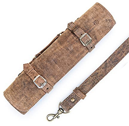 Angus Stoke Leather Knife Bag for Chefs 7 Compartment Chef's Knife Roll Large - Knife Bag Chef's Knife - Cooking Bag with Carry Handle and Strap (Antique Brown)