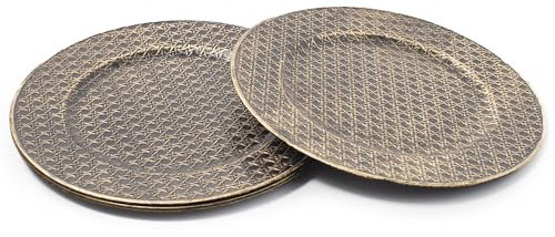 Rammento Set of 4 33cm Brushed Gold Plastic Charger Plates | Criss-Cross Design Decorative Dinnerware | Reusable Under Plates for Serving and Hot Dishes | Suitable for Displays, and Festive Events