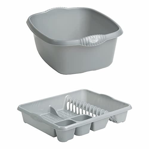 TENLITE Set of 2 Large Rectangular Washing Up Bowl with large Dish Drainer for Kitchen (Upcycled Plastic) - Soft Grey