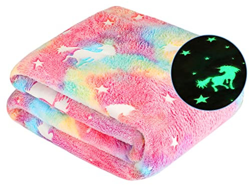 Einhorn-Decke, leuchtet im Dunkeln, Geschenke für Kinder, Mädchen, Geburtstag, Weihnachten, Leuchtend, Regenbogen-Einhorn, Spielzeug, Schlafzimmer, Bettdekoration, weich, gemütlich, flauschig,