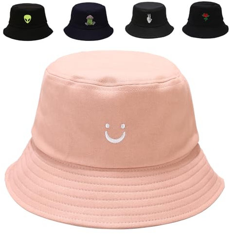 Fischerhut aus Baumwolle für Damen und Herren, Sommer, Reisen, Sonne, Strand, Fischerhut, Unisex, Smiley-Gesicht, rosa, Einheitsgröße