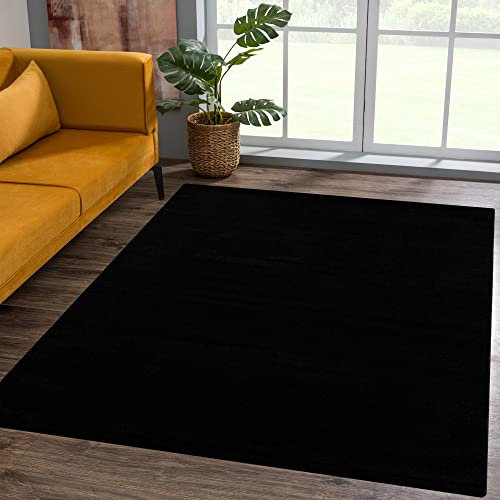SANAT Kurzflor Teppich Wohnzimmer - Uni Modern Teppiche fürs Schlafzimmer, Arbeitszimmer, Büro, Flur, Kinderzimmer und Küche - Schwarz, 80 x 150 cm