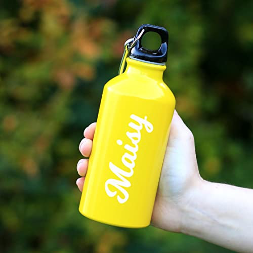 eBuyGB Personalised Kids Water Bottle with Carabiner Clip for School, PE, After School Club - Unisex Reusable BPA Free 400ml Metal Drinks Bottle for Children - Any Name (Yellow)