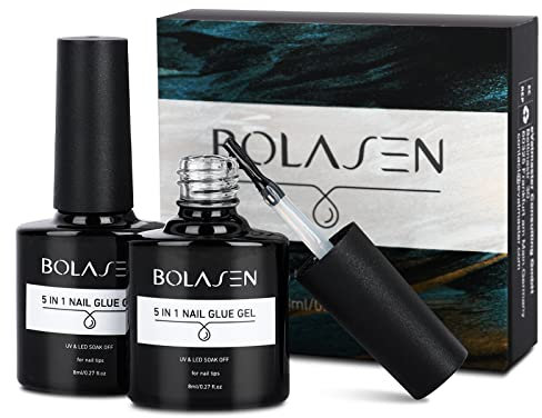 Colle Faux Ongles en Gel avec Pinceau, BOLASEN Colle Ongle Capsule Gel UV 5 en 1, Colle Faux Ongles UV Extra Forte, Gel Colle Ongle UV Led pour Pointes, Lampe à Ongles UV/Led Requise-2 * 8 ML