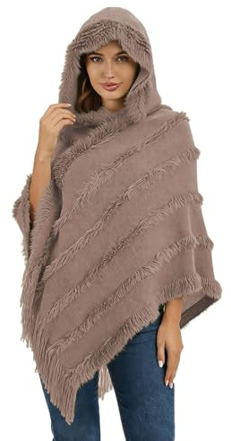 Strick Poncho mit Fransen für Damen Kapuzen Schal Cape Poncho Cape mit Kapuze Häkeln Plüsch Gestreift und Flanell Fashion Cape Strick Poncho mit Fransen für Damen