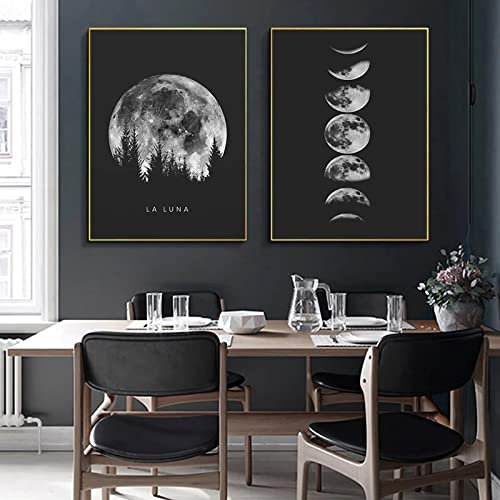 Trayosin Premium Poster Set, 2 Bilder Minimalistisches Schwarz Weiß Mondphasen Kunstdruck Modern Wandbilder, Wanddeko für Schlafzimmer und Wohnzimmer,Poster Vintage,OHNE Rahmen (40x50cm)