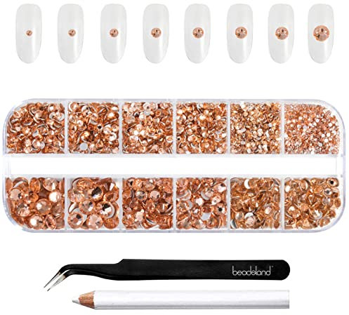 Beadsland Rhinestones for Makeup,8 Sizes 2500pcs Champagne Flatback Rhinestones Eye Gems for Nails Crafts with Tweezers and Wax Pencil,Light Peach,SS4-SS30
