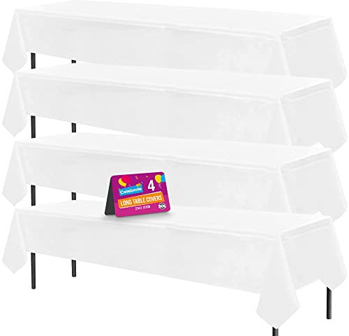 4 tovaglie lunghe bianche natalizie per feste, 274 x 137 cm, in plastica, tovaglia usa e getta per feste, tovaglia in plastica bianca usa e getta, tovaglia in plastica bianca