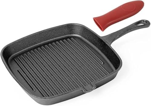 Heavy Duty Skillet Grill Frying Pan | Non Stick Cast Iron Square Griddle Pan for Steak Meat Bacon and Fish | Easy Grip Handle Cookware All Hob (H&T-05)