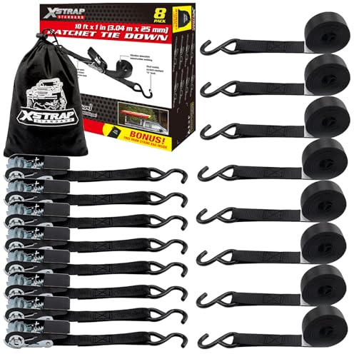 XSTRAP STANDARD Ratchet Straps, 900 LB Break Strength, 8-Pack 10FT Ratchet Tie Down Straps Set for Motorcycle Straps Tie Downs, Appliances, Lawn Equipment, Logistic Cargo Straps for Trucks (Black)