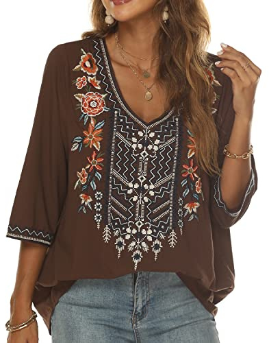 Seasonal Bohemian Embroidery Mexican Tops Women's Summer Boho Shirts Hippie Peasant 3/4 Sleeve V Neck Blouses Tunic (324-Brown, 3XL)