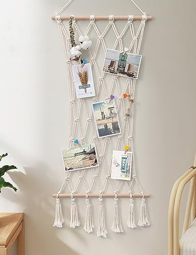 SUMGAR Makramee Wandbehang Boho Fotowand Collage mit 30 Holzklammern Gewebte Wandrahmen Modern Natur Bilderrahmen Collage Hochzeitsfeier Fotoseil Hängender Boho Deko, 42 x 100cm