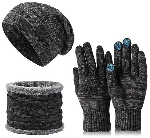 Wintermütze Schal Touchscreen Handschuhe mit Dicke Thermo Fleecefutter 3in1 Mütze, Schal & Handschuh-Sets für Herren Damen Winter Beanie Mütze Schal Unisex Warmes Zubehör Tolles Warm