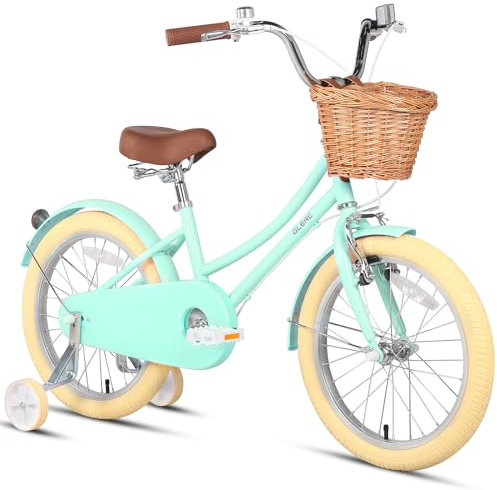 Glerc 18 Zoll Kinder Mädchen Fahrrad für 5 6 7 8 Jahre alt kleine Mädchen Retro Vintage-Stil Fahrräder mit Korb Training Räder und Glocke, Mintgrün
