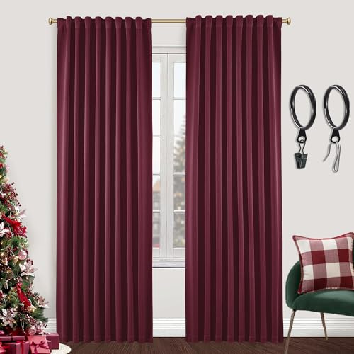 SHINELAND Rote Wohnzimmer-Vorhänge, 244 cm lang, 2 Paneel-Sets, verdunkelnd, luxuriös, bodenlang, schalldicht, schalldämmend, Kino-Vorhänge für Heimkino, Raumhintergrund, Burgunderrot