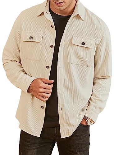 Elegancity Men's Corduroy Shirts Casual Long Sleeve Button Down Trucker Jacket Autumn Winter Coats with Pockets (Apricot, 3X-Large)