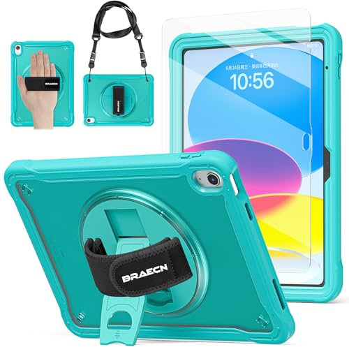BRAECN für iPad (A16) 11/10 Generation Hülle, 2022/2025 10,9/11 Zoll, 360° Drehbarer Handgurt und Ständer, Stifthalter, Schultergurt, Blau