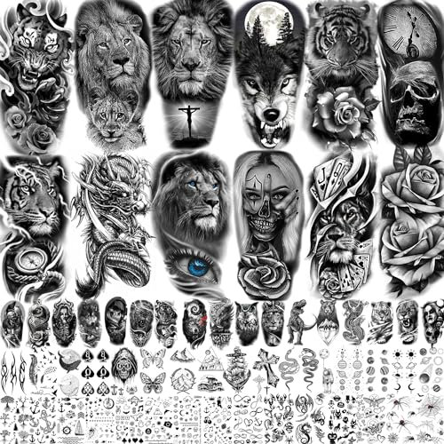 CHIZIRU 61 Blätter Realistisch Schädel Tiger Wolf Löwe Temporäre Tattoos Damen Herren, 3D Halloween Tattoos Zum Aufkleben Klebetattoos Erwachsene Frauen Männer, Kompass Schwarz Blume Fake Tattoo Klebe