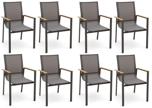 ALEOS. Gartenstuhl mit Armlehne Gartensessel Stapelstuhl Stapelsessel Sessel Trinidad Aluminium Textilgewebe Teak stapelbar, Größe:8 Stück