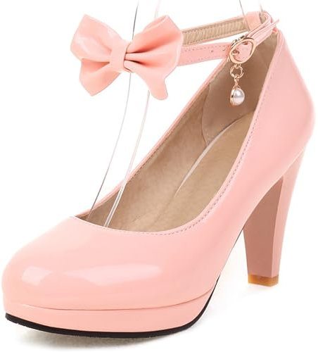 Décolleté con Tacco a Cono da Donna con Plateau con Cinturino alla Caviglia Bowknot Tacco Alto Scarpe Punta Rotonda Fibbia Eleganti Scarpe, S25503Gp Rosa Numero 42 EU/44Cn
