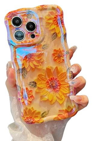 XIZYO Oil Painting Flower Case for iPhone 15 Pro, Sunflower/Yellow | Colorful Retro Style, Curly Wave Frame, Laser Glossy, Cute Aesthetic Floral Pattern, Slim Shockproof, Soft TPU, Girly Design