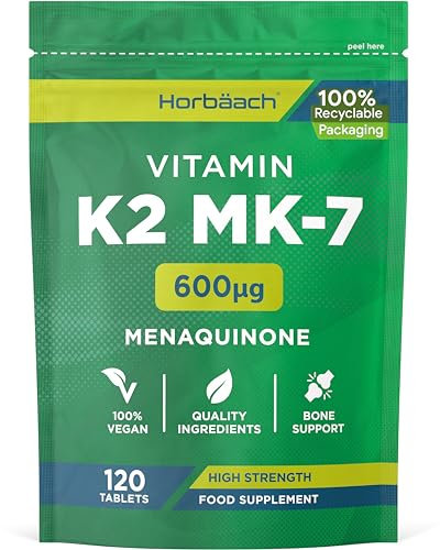 Vitamin K2 MK7 600mcg | 120 Tablets | High Strength Vitamin K2 Menaquinone MK-7 Supplement | Suitable for Vegans | Letterbox Friendly Packaging | by Horbaach